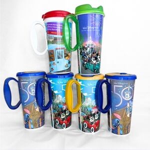 Disney World Refillable Cups Lot of 6 Travel Mugs Anniversary Micky Rapid Fill